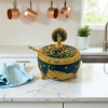 Blue and gold peacock patterned covered small ceramic sealed storage jar, home storage jar, kitchen condiment storage jar, seasoning jar details Picture